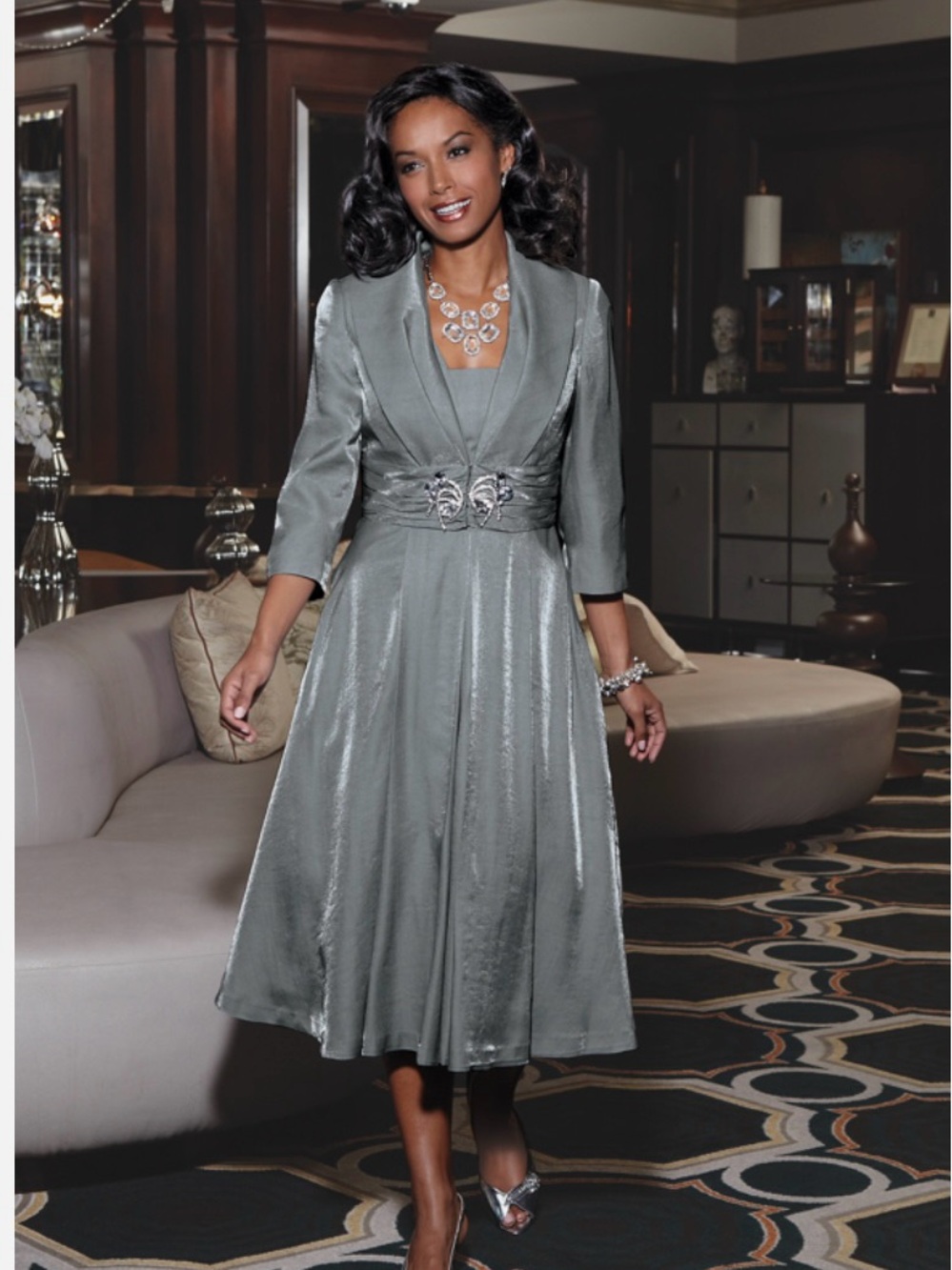 Midnight Velvet Silver Mother of Bride Wedding Party Elegant Jacket Dress SZ:12
